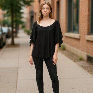 * STUDIO 1886 Black Tiered Open Sleeve Pullover Peasant Top Ladies Large 12-14